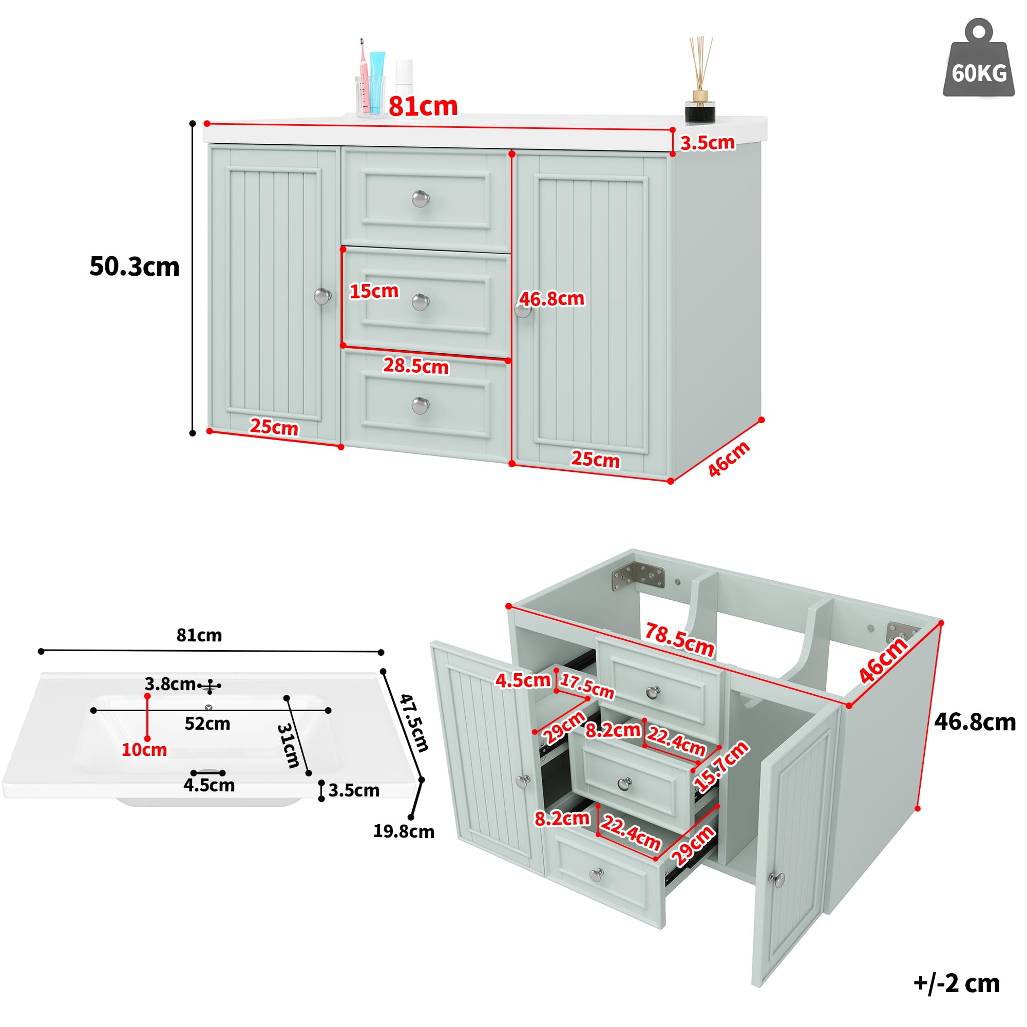 Mueble Baño de Pared con Lavabo y Almacenaje, Muebles de Baño con 3 Cajones y 1 Puerta, Lavabo con Mueble, Muebles Auxiliares Armario de Baño, 81x46x50.3 cm, Verde