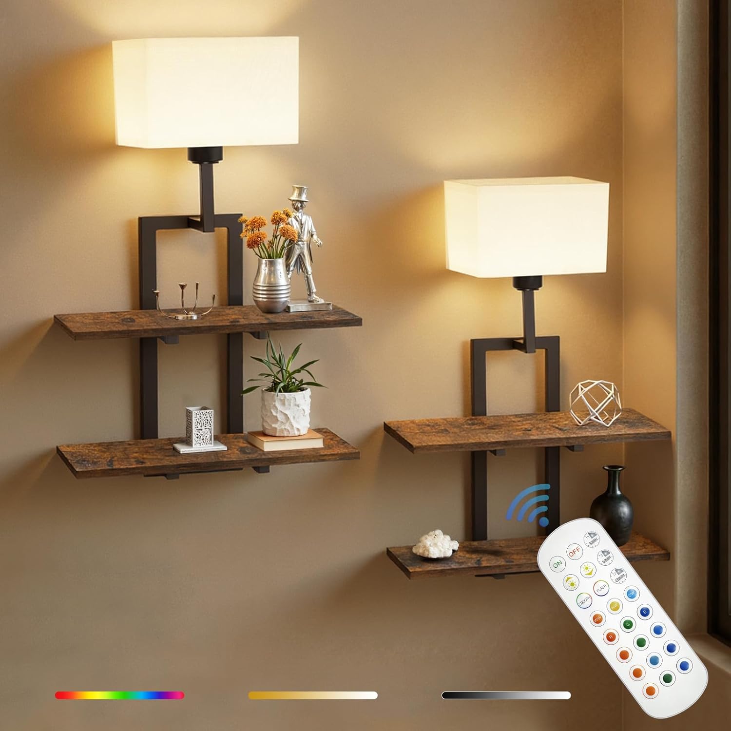 Set of 2 Battery Operated Wall Sconce with 2-Tier Shelf, Remote Wireless Rechargeable Dimmable Wall Lights with Floating Shelves, Wall Lamps for Bedroom Living Room Hallway Bathroom Decor