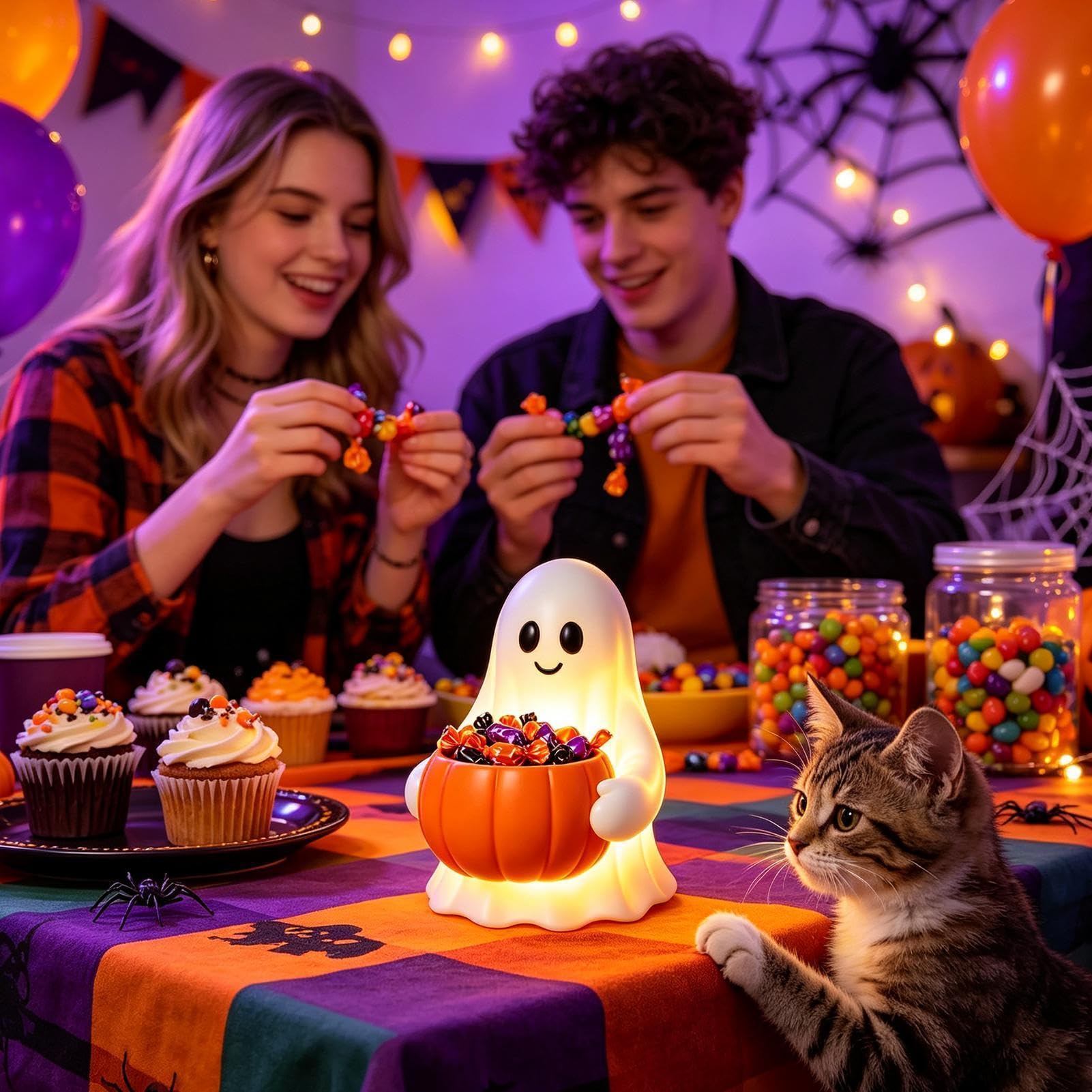 Ghost with Pumpkin Candy Bowl, dekoracja LED Halloween na porch, podwórko, patio,