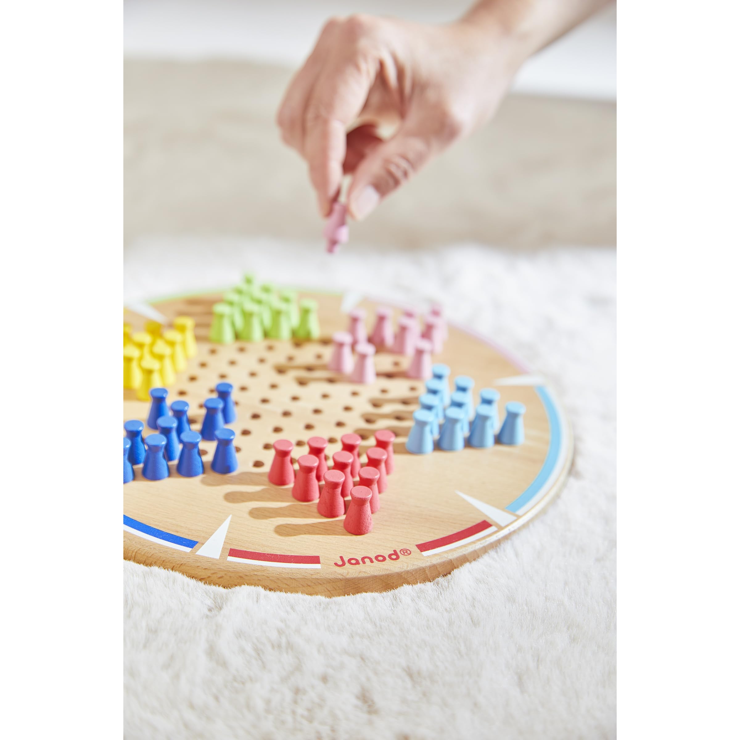 Janod - Mes Premières Dames Chinoises - 1 Plateau en Bois + 60 Pions Colorés - 2 à 6 Joueurs - Jeu de Société Classique pour Enfant Dès 5 Ans