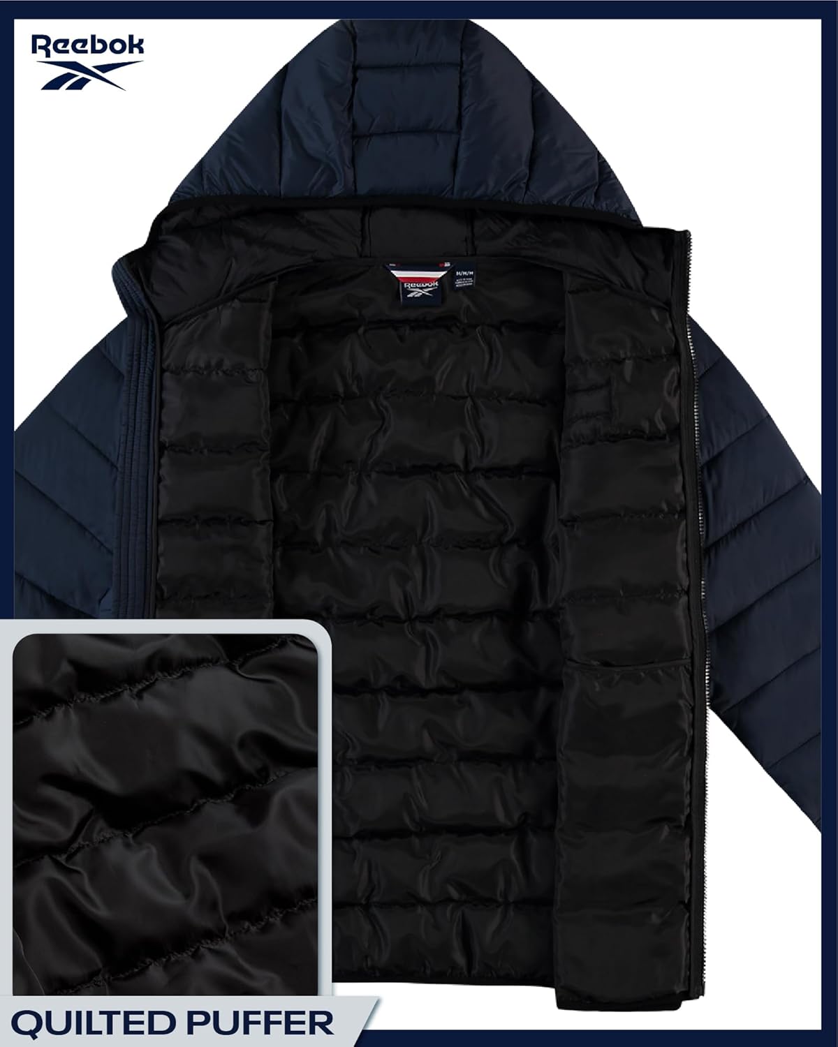 Reebok Mens Puffer Jacket – Lightweight Quilted Warm Glacier Shield Hooded Mens Winter Coats – Cozy Insulated Jackets for Men
