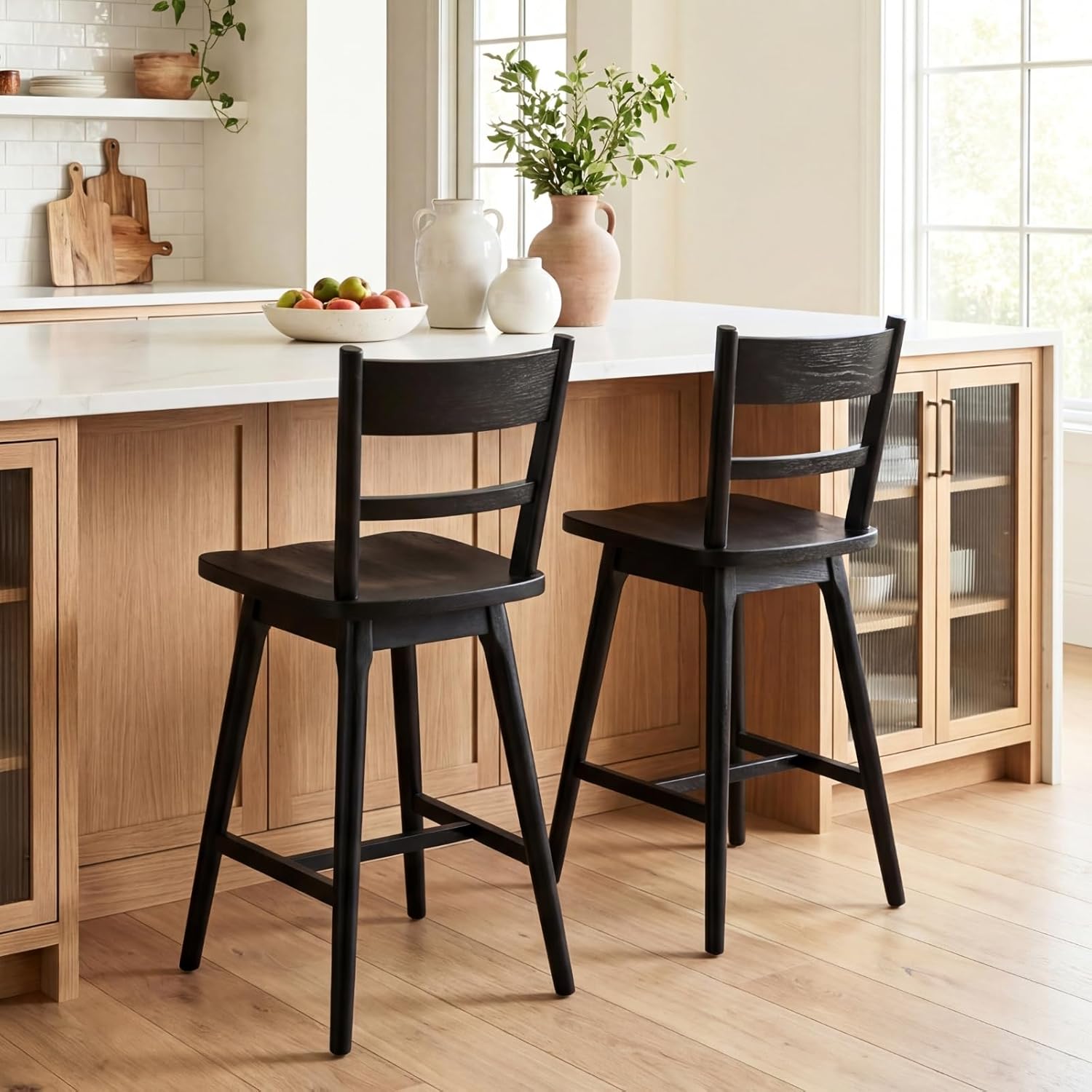 CIMOTA Swivel Counter Height Bar Stools Set of 2, 24.5" Mid-Century Modern Barstools with Solid Wood Back & Seat, Kitchen Island Bar Chairs for Dining Room, Black Wood Finish