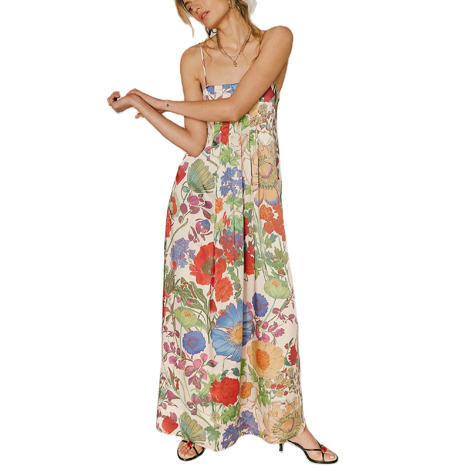 Women Floral Maxi Dress Spaghetti Strap Flower Long Flowy Dress