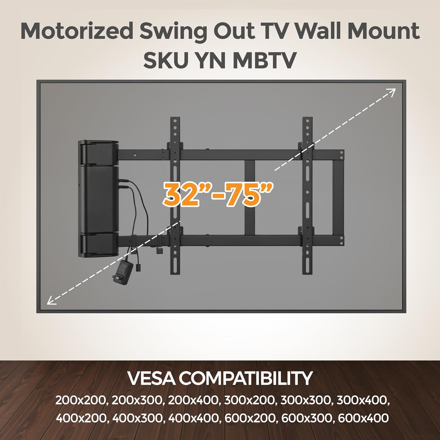 ynVISION.DESIGN Motorized Swing Out TV Wall Mount Bracket for 32" - 75" TV w/Remote Control | Swivels Up to 90 Degrees | Compatible w/Samsung, LG, or Universal Remote via IR
