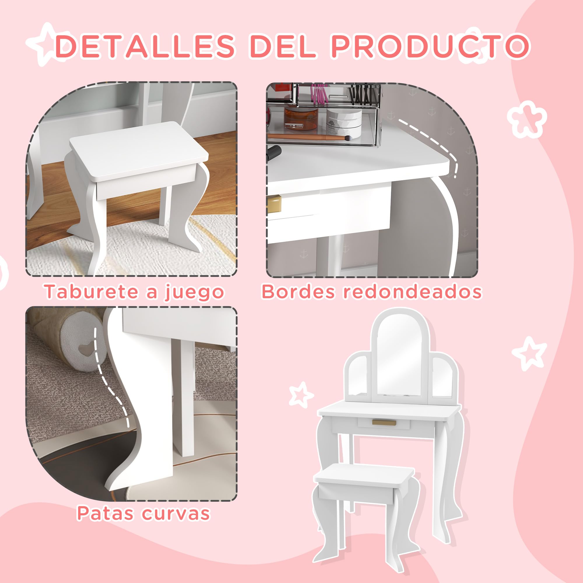 HOMCOM Tocador Infantil con Taburete y Espejo, Tocador para Niñas con Cajón, Mesa de Maquillaje para Niños y Niñas de 3-6 Años, Blanco