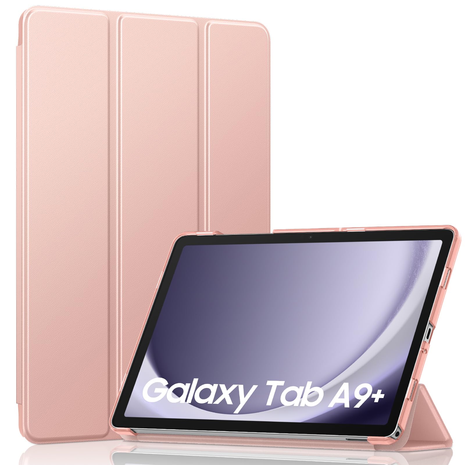 MoKo Trifold Case for Galaxy Tab A9 Plus/A9+ 11 Inch 2023, Rose Gold | Slim Stand Hard PC Translucent Back Shell Smart Cover, Auto Sleep/Wake, Light, Anti-scratch, 2 Adjustable Angle