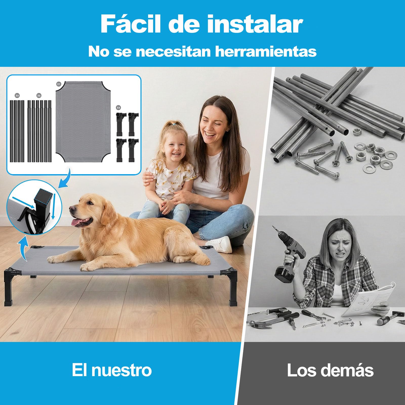 Niubya Cama Elevada para Perros Medianos L 107x76x21cm, Malla Resistente, Marco de Acero Antideslizante Jardín Camping