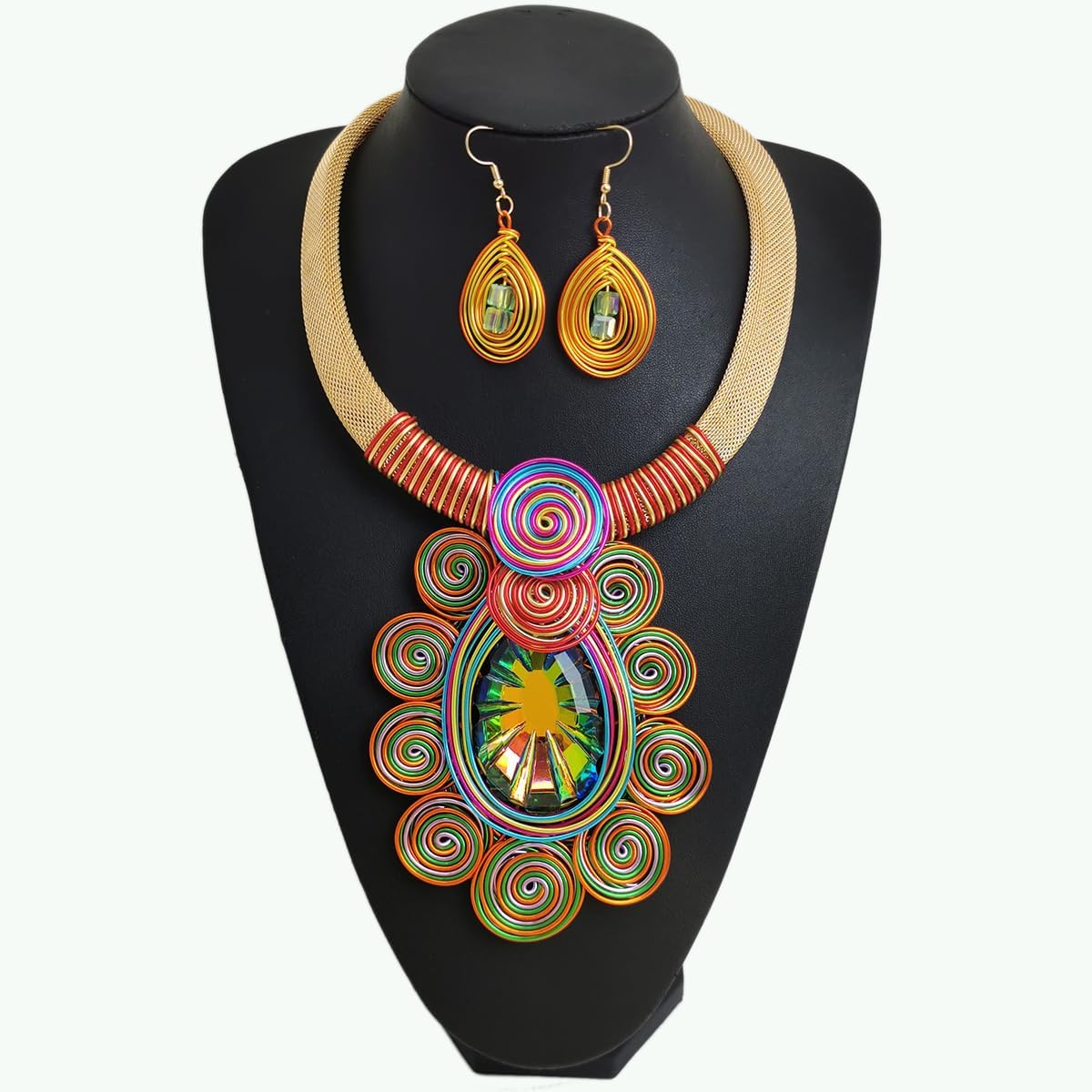 African Jewelry Sets Statement Big Crystal Pendent Necklace Earrings Set For Women Handmade Bib Collar Costume Tribal Fashion Accessories - Image 3