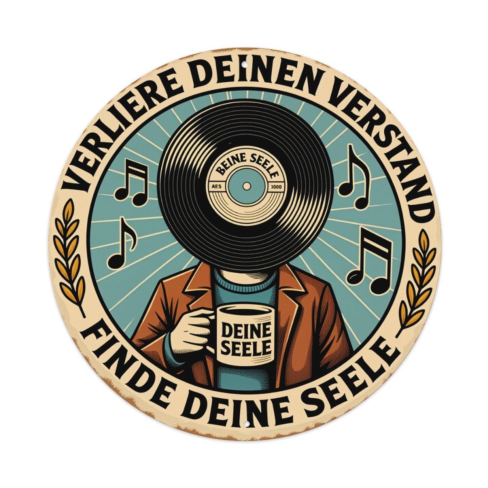Vinyl Record Head Coffee Cup Music Notes Round Tin Sign Vintage Metal Poster Retro Bar, Home, Man Cave, Kitchen, Laundry Room Wall Art Decor Gift 8x8Inch