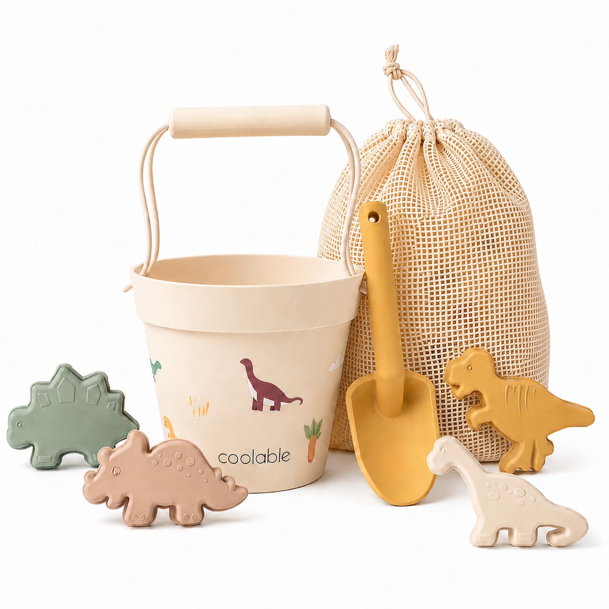 coolable 6-Piece Silicone Beach Toys Set for Kids - Foldable Sand Bucket, Shovel, 4 Sand Molds and Mesh Bag - Dinosaur World