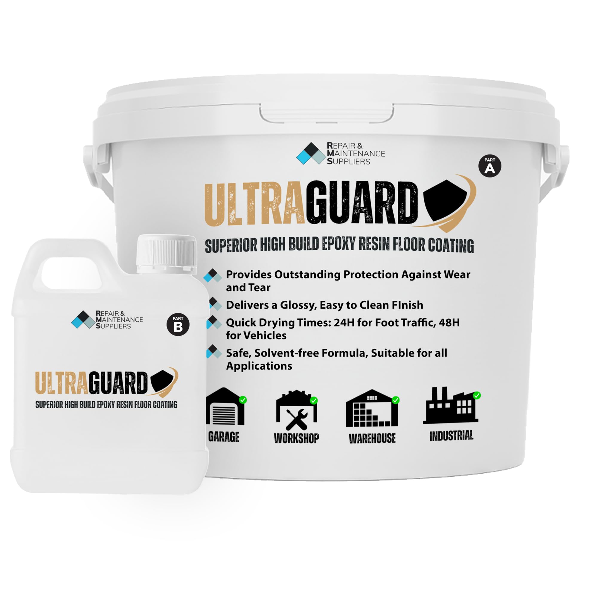 Rm Suppliers Bs 00E53 | Black ↑ Rms Ultraguard Superior Heavy Duty, Hard Wearing Epoxy Resin 2 Pack Concrete Floor Paint Protective Coating For Garage, Workshop, Factory, Warehouse & Industrial Applications