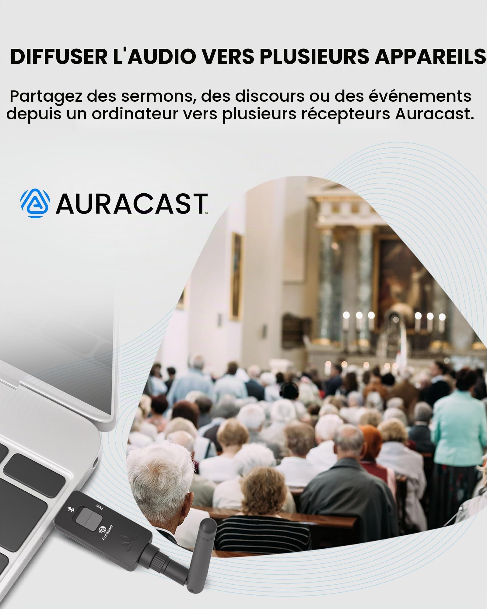 Avantree DG60 Aura - Longue Portée Émetteur Auracast & Adaptateur USB | Bluetooth 5.4, 2-en-1 pour Casques, Qualcomm aptX Adaptive, Mise à Jour Firmware, Diffusion Audio du PC vers Multi-Écouteurs