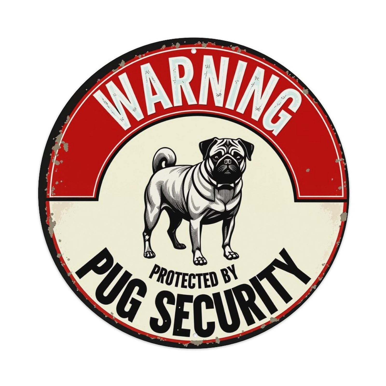 Warning Pug Security Protected By Round Tin Sign Retro Metal Sign for Cafe Bar Pub Home Game Room Gym Club Wall Decoration Vintage Metal Poster 8x8 Inch