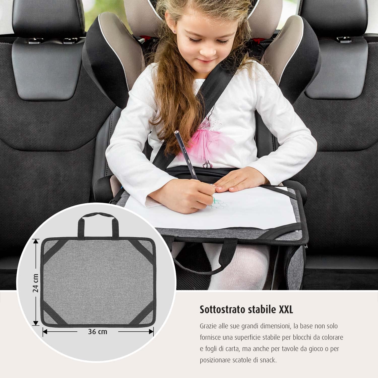 reer TravelKid Play - Kit per colorare per viaggi, leggero e stabile, con tasche pratiche, impermeabile, antimacchia, grigio