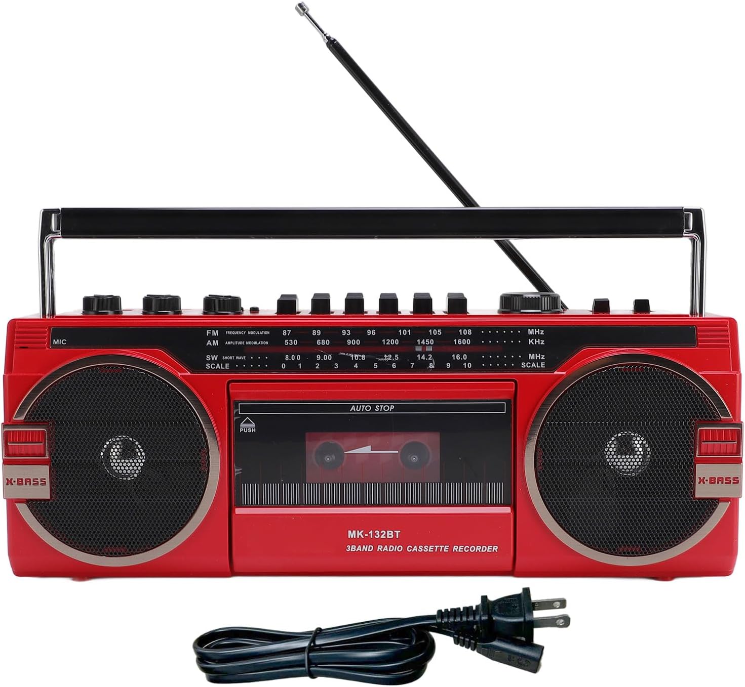 Retro Cassette Tape Player Recorder AM FM SW Radio with Bluetooth Speaker, Battery Operated AC Powered, Tape Recorder Cassette Player USB Slot Red (US Plug)