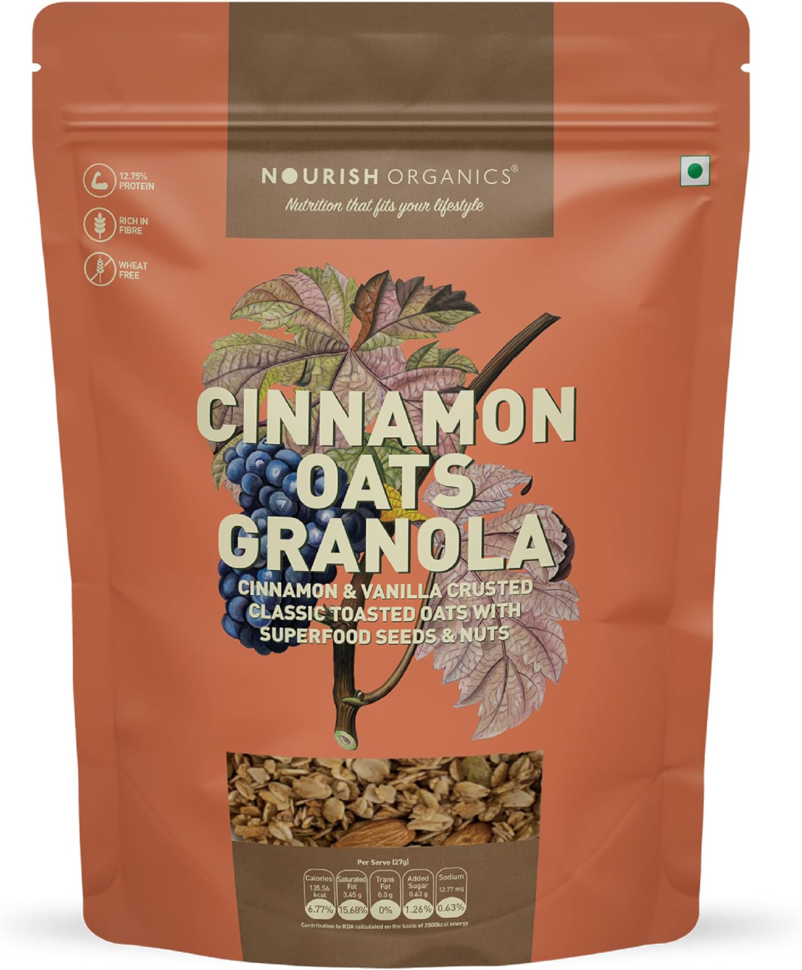 Nourish Organics Cinnamon Oats Granola, 270g Pack | Healthy and Nutritious Breakfast Cereals with Whole Nuts | No Refined Sugar | Clean Label