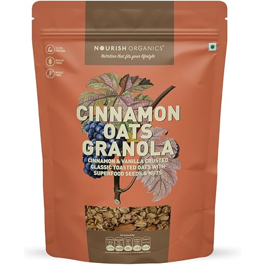 Nourish Organics Cinnamon Oats Granola, 270g Pack | Healthy and Nutritious Breakfast Cereals with Whole Nuts | No Refined Sugar | Clean Label