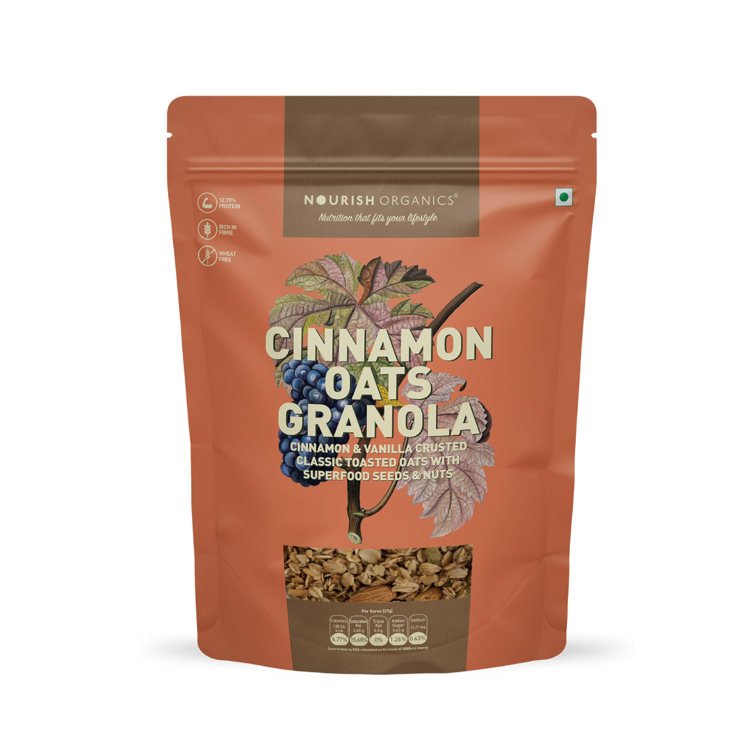 Nourish Organics Cinnamon Oats Granola, 270g Pack | Healthy and Nutritious Breakfast Cereals with Whole Nuts | No Refined Sugar | Clean Label