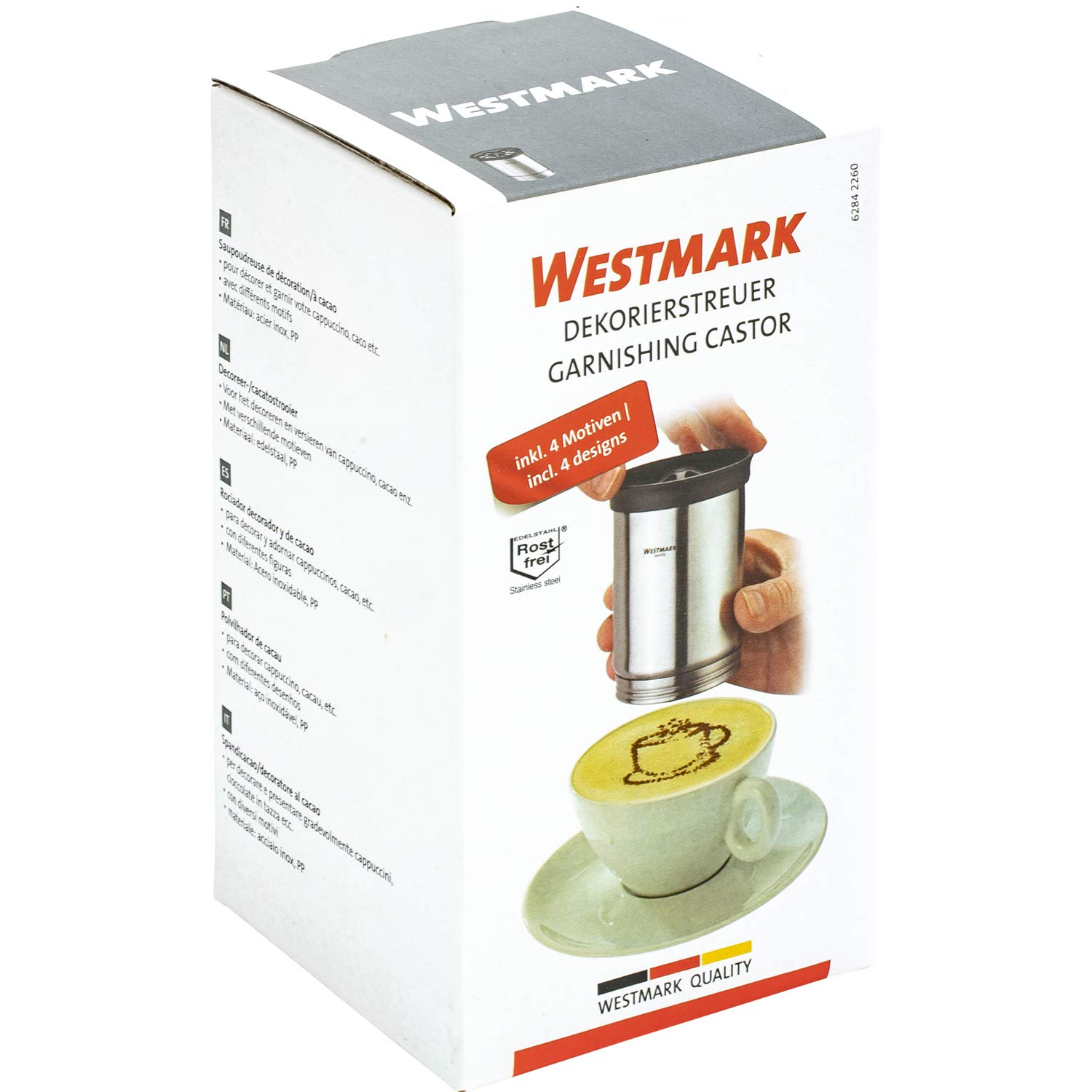 Westmark Setaccio decorativo per cacao e zucchero, Con 4 stencil, Capacità: 250 ml, ø 7,5 cm, Acciaio inox, 62842260
