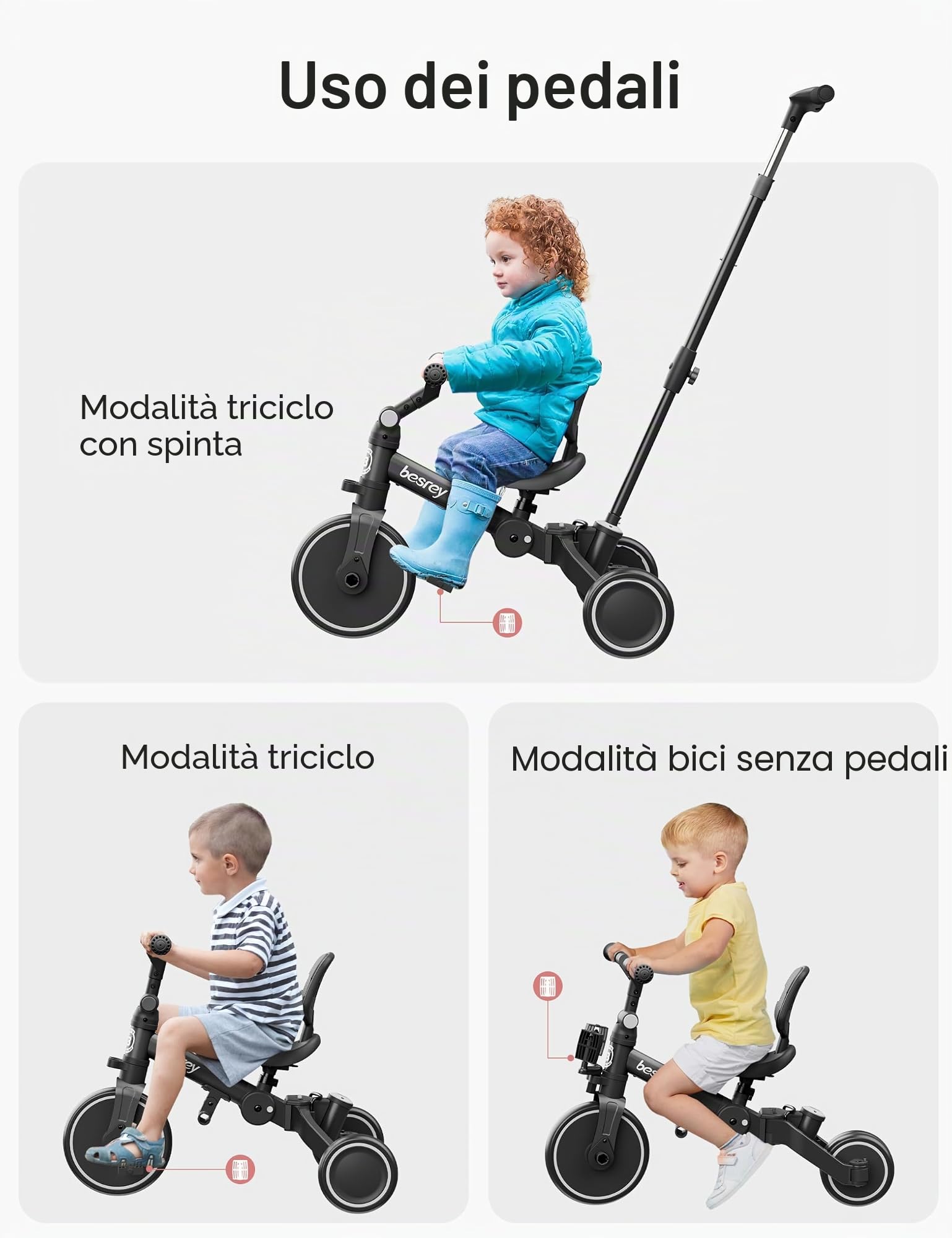 besrey Triciclo per Bambini 4 in 1, Bici Senza Pedali da 1 a 3 Anni, Nero