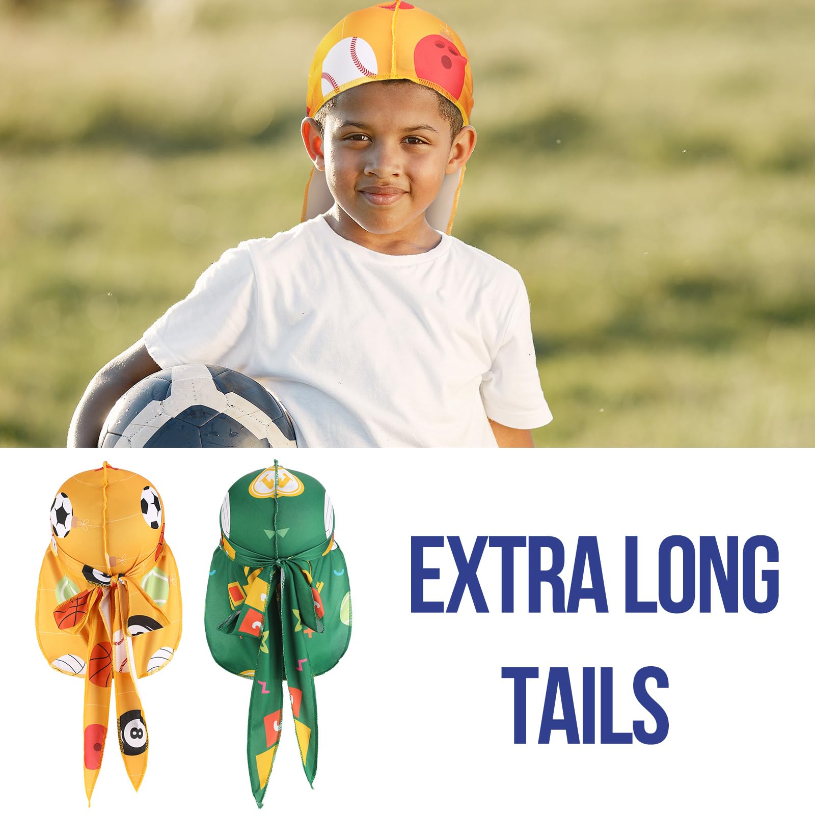 Leumoi 8 Stück seidige Durags für Jungen, Sportball-Thema, langer Schwanz, Satin-Headwrap für Babys, Kleinkinder, Kinder, Nicht spezifisch angegeben, 1 Count (Pack of 8)