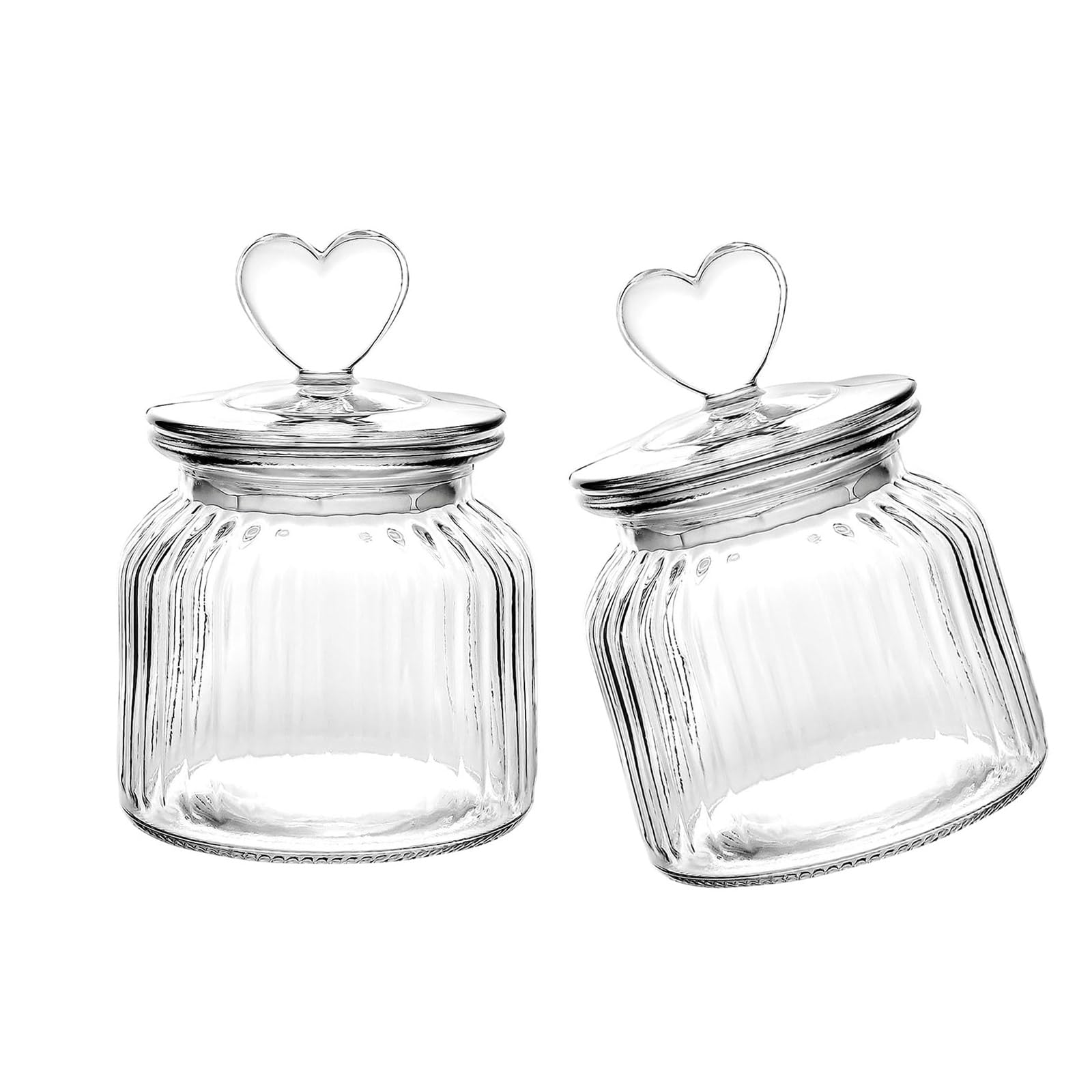 Msioytog Of 2 Heart Shape Lid Ribbed Glassy Storage Jars 650ml for Candy Creamer Kitchens Essential User Friendly Sturdy Design Vertical Strips Glassy Sugar Jar