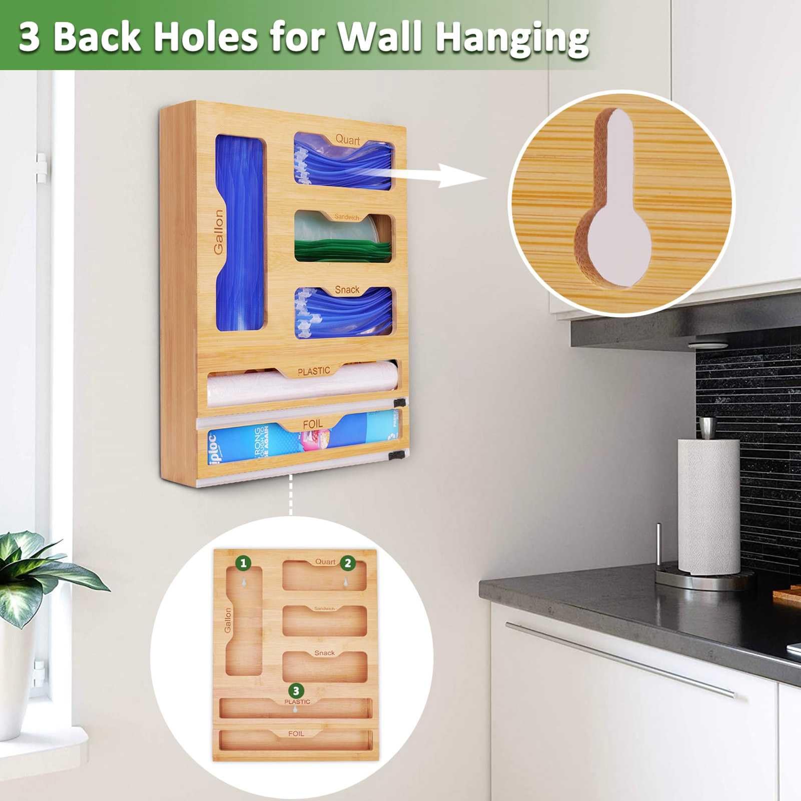 Caja organizadora de bolsas Ziplock para cajones de cocina de bambú, 6 en 1, plástico y envoltura de almacenamiento de alimentos con dispensadores y cortadores para bolsas de galones, cuartos, sándwic