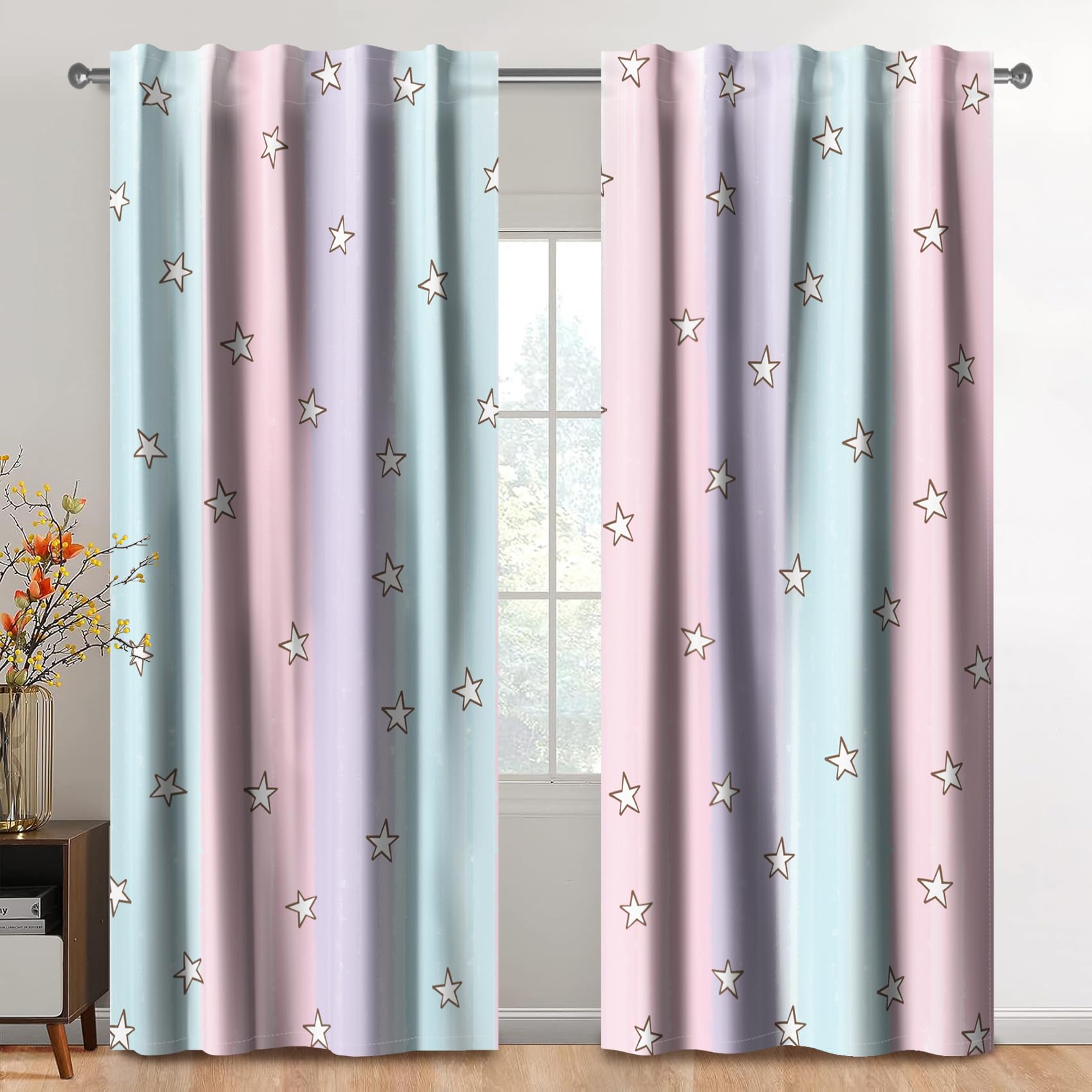 Kzzfqxb Cortinas de Estrellas arcoíris de 117x138cm 2 Paneles, Color Azul Rosa y Morado Elegantes para Dormitorio de niñas, Sala de Estar, decoración Ligera