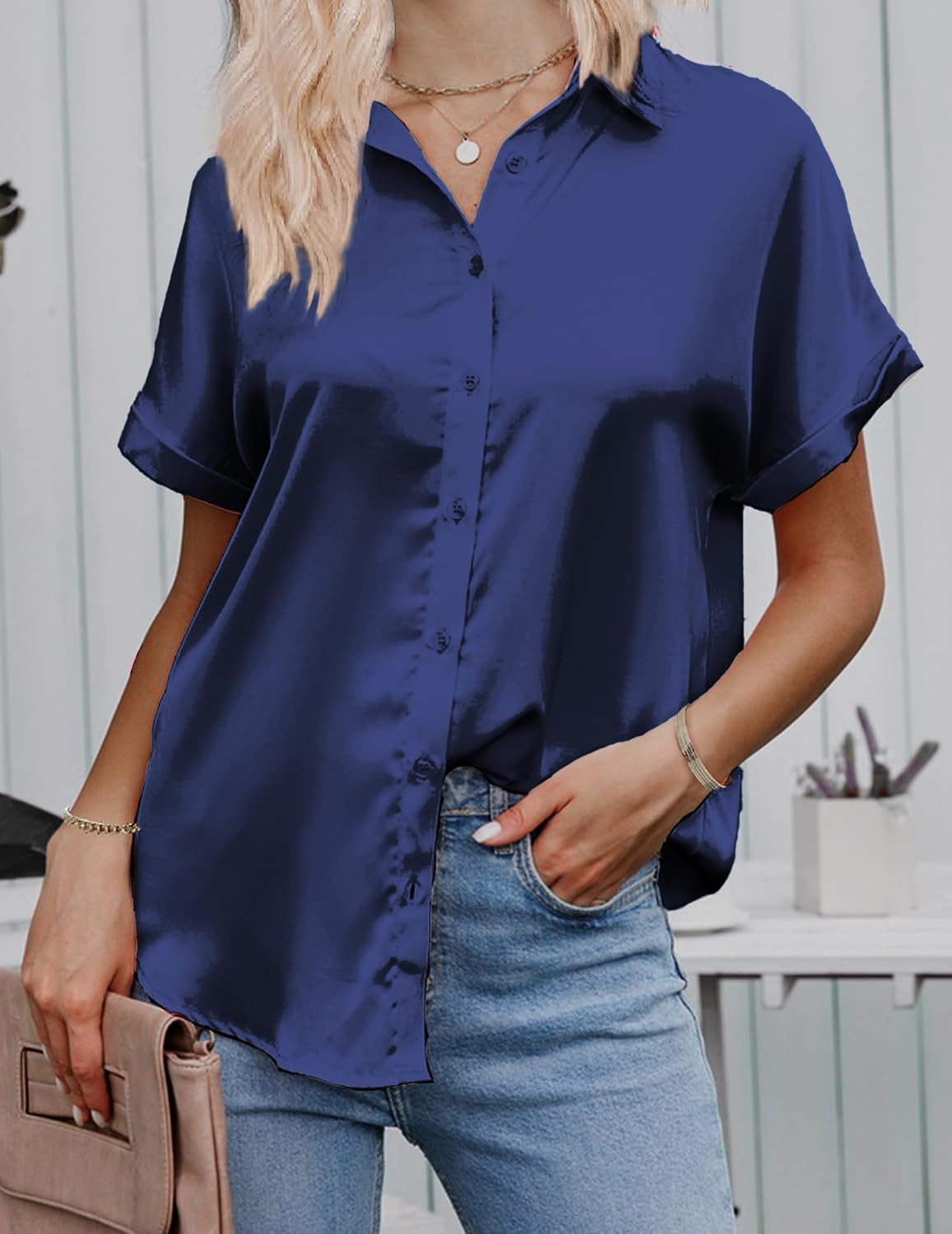 HOTOUCH Silk Button Down Shirts for Women Satin Short Sleeve V Neck Casual Work Office Blouse Tunic Tops - Image 3