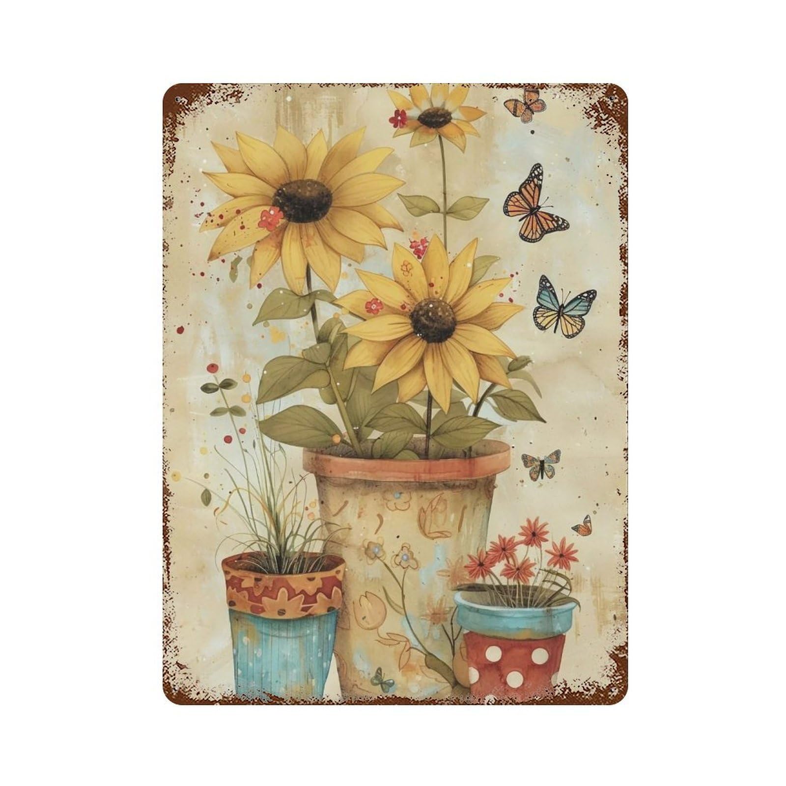 YHGERTKU Watercolor Three Potted Flowers Colorful Butterfly 02 Wall Art Retro Iron Vintage Metal Tin Sign Poster Modern Decor for Living Rooms Gift 40x30cm