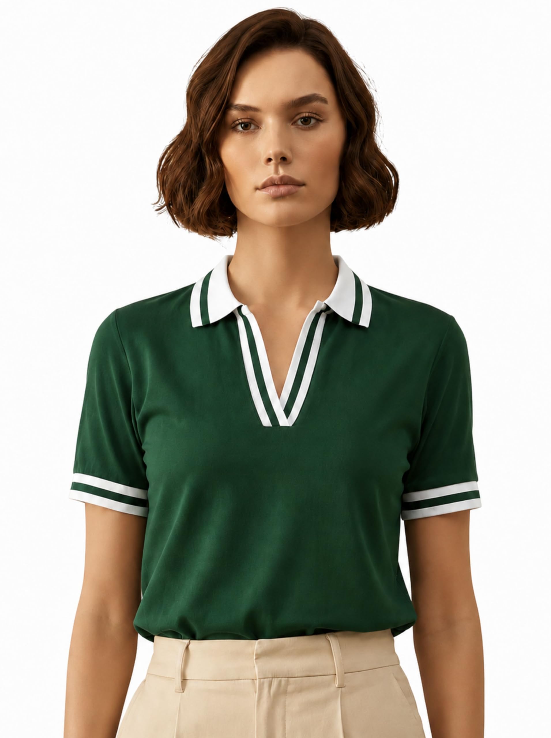 fyltr Women's Modern V-Neck Striper Collar Solid Polo T-Shirt - Contrast Tipping Details | Regular Fit | T-Shirts for Women | Open Placket-picture-27