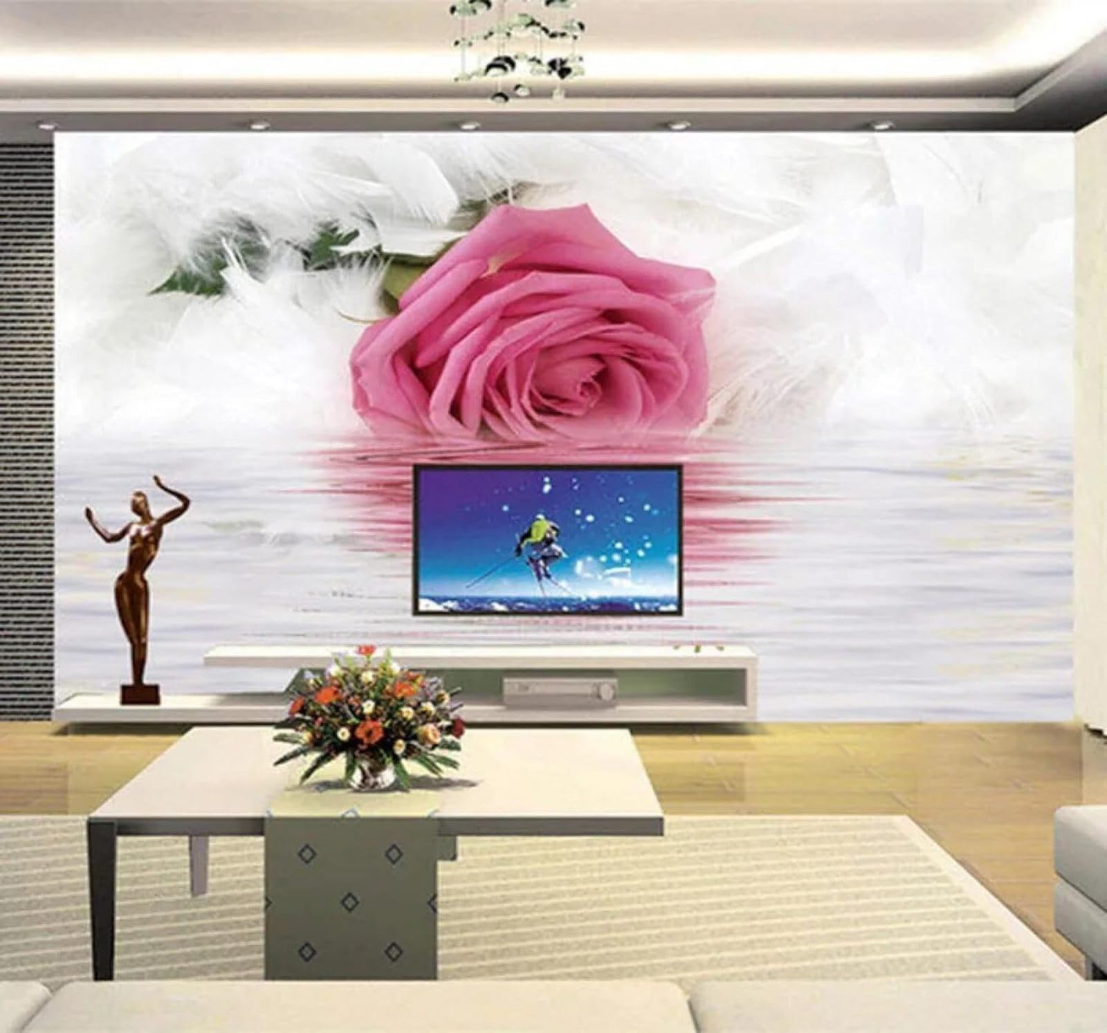 XLMING Romantic Pink Roses Feathers Reflection 3D Wallpaper Luxury Home Dining Decor Paste Sofa Living Room The Wall for Bedroom Mural-250cm×170cm