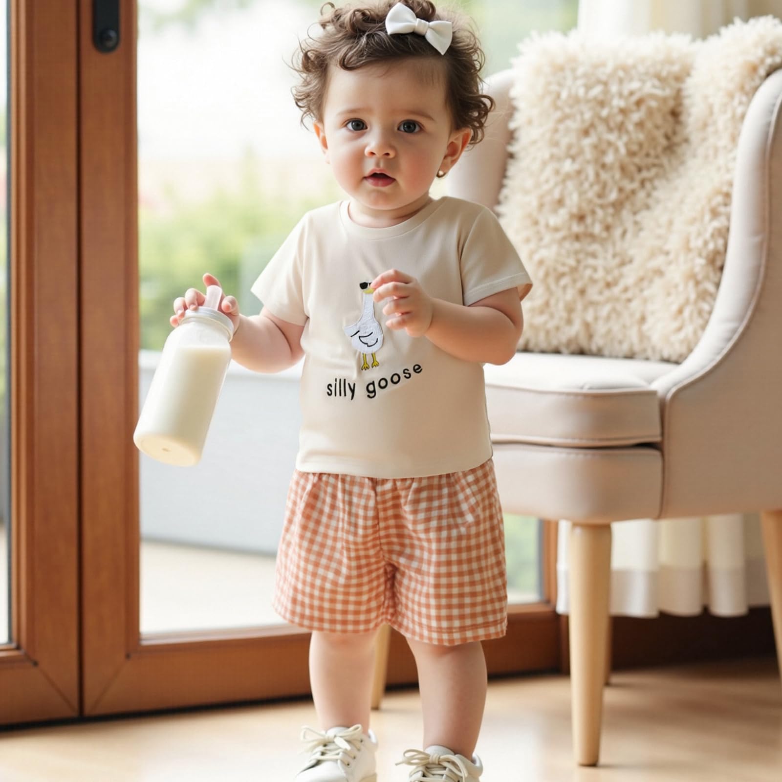 Toddler Baby Boy Girl Goose Outfit Short Sleeve Silly Goose Embroidered T-shirt Plaid Shorts 2pcs Summer Farm Clothes (Orange, 3-4T)