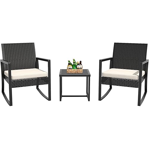 WWR 3 Pieces Outdoor Patio Furniture Set Rocking Wicker Rattan Chair Set Patio Bistro Conversation Set 3 Pcs with Coffee Table for Yard & Bistro (Sand)