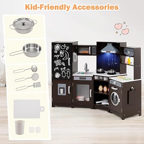 Miniatura 6 de GLACER Cocina de madera de esquina para niños, juego de cocina grande con sonido, luz, pizarra, microondas, máquina de hielo, lavadora, accesorios,