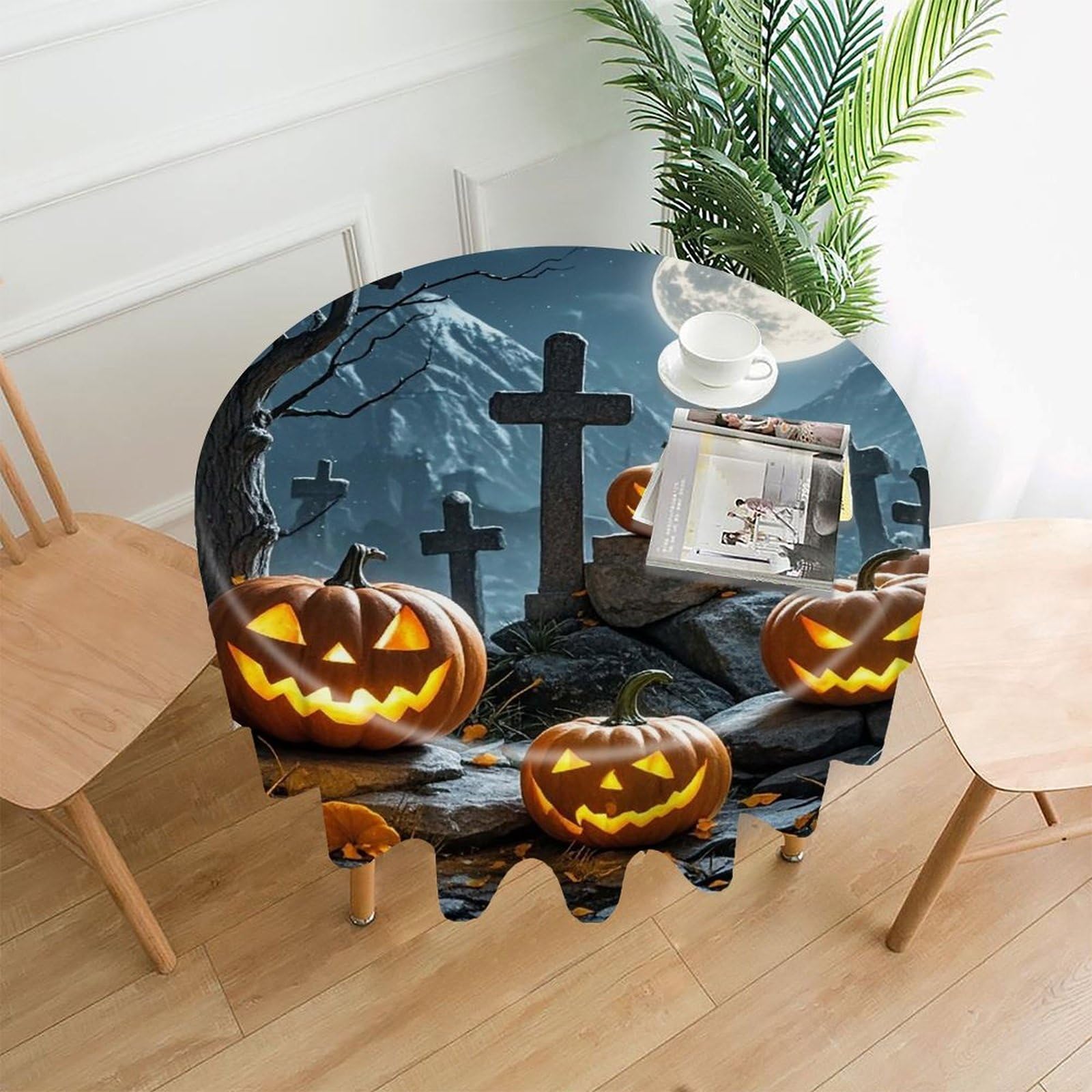 FekiLoot Cemetery Pumpkin Lantern Round Tablecloth Cover 60 Inch Wrinkle Free Washable Polyester Fabric Table Cover Decorative Round Table Cloth for Home Dining Kitchen Party Farmhouse