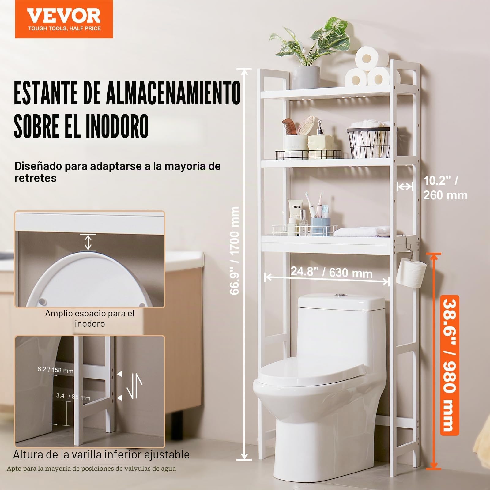 VEVOR Estante para Inodoro Ajustable de 3 Niveles Almacenamiento sobre Inodoro Estantería de Madera para Baño con 3 Ganchos Mueble de Baño Adecuado para la Mayoría de los Inodoros, Lavadero, Blanco