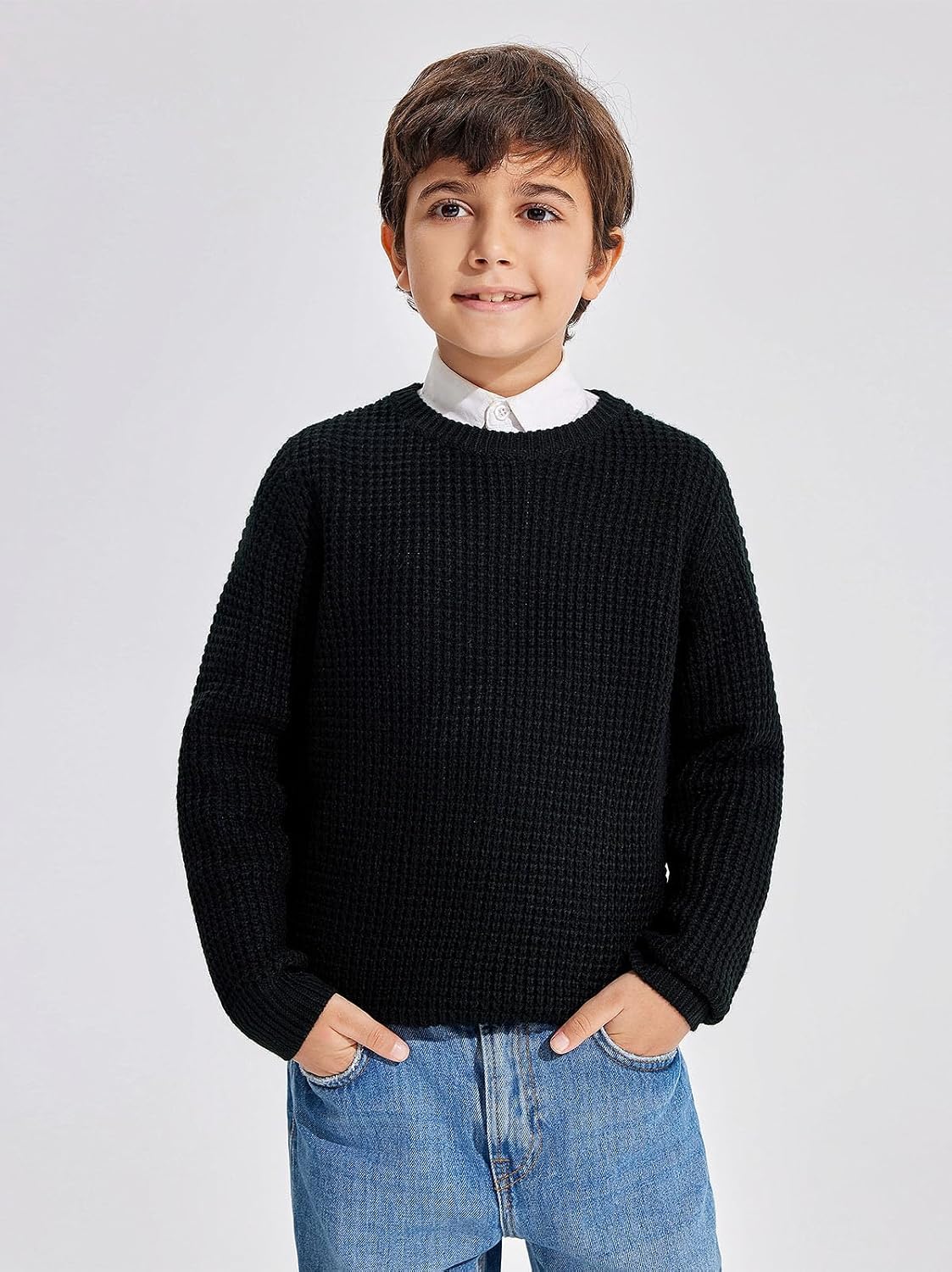 Haloumoning Boys Casual Pullover Sweaters Kids Chunky Crewneck Waffle Knit Jumper Tops 4-14 Years