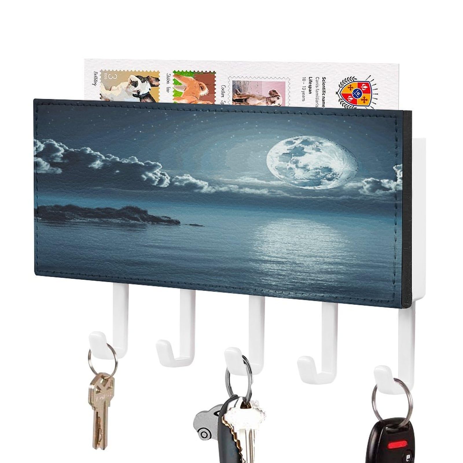 JTREHY Moon Ocean Landscape Key Holder Wall Mount Decorative Key and Mail Holder PU Leather Adhesive Key Organizer Hanging Key Hooks Wall Shelf with 5 Hooks for Entryway Hallway Office