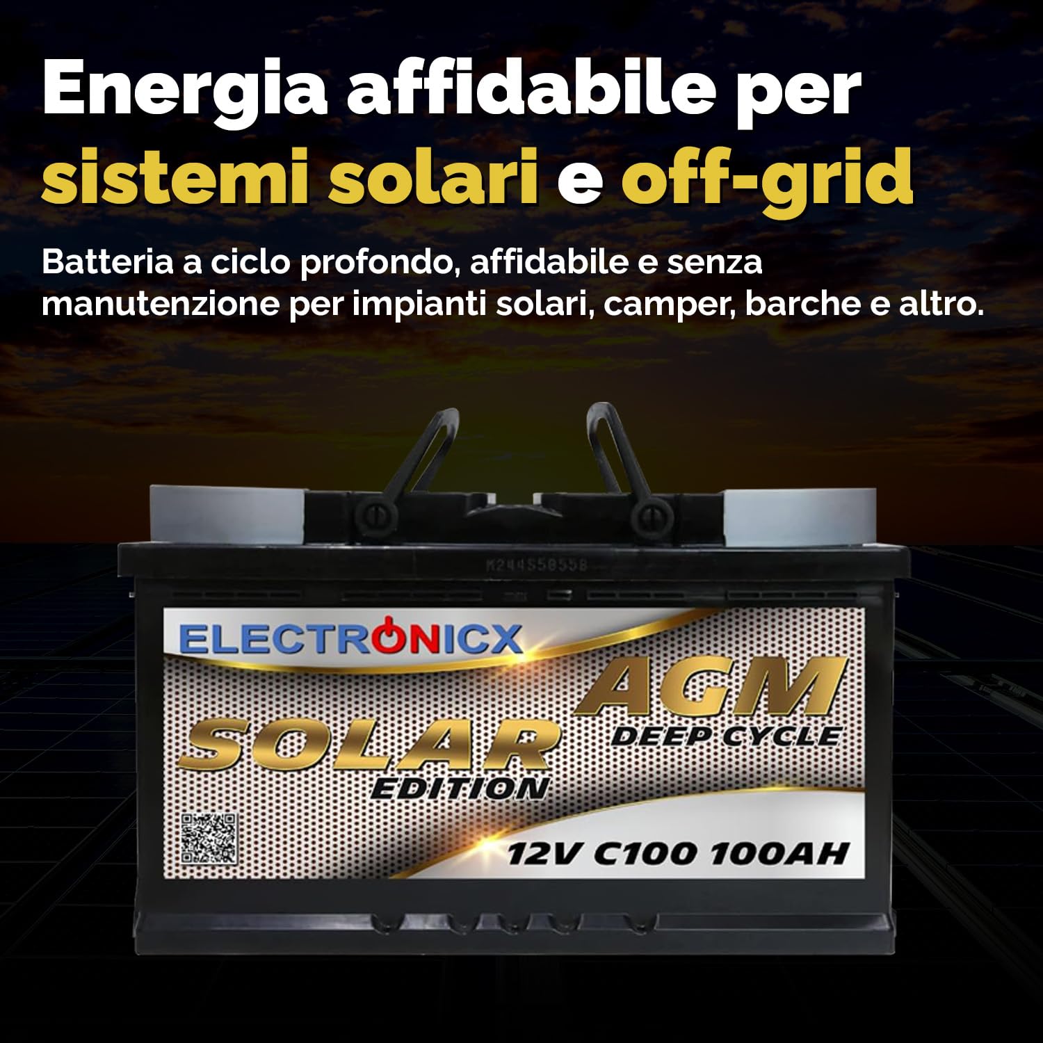 Electronicx batteria di alimentazione AGM SOLAR 12V 100Ah / 100 Ah deep cycle sigillata senza manutenzione, polo positivo a destra – batteria solare fotovoltaica 278×175×190mm per tempo libero