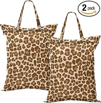 Travel Laundry Bags 2 PC Wet Dry Bag with Handle Dirty Clothes Organizer for Swimsuits Beach Camping Waterproof Washable Brown Leopard Print