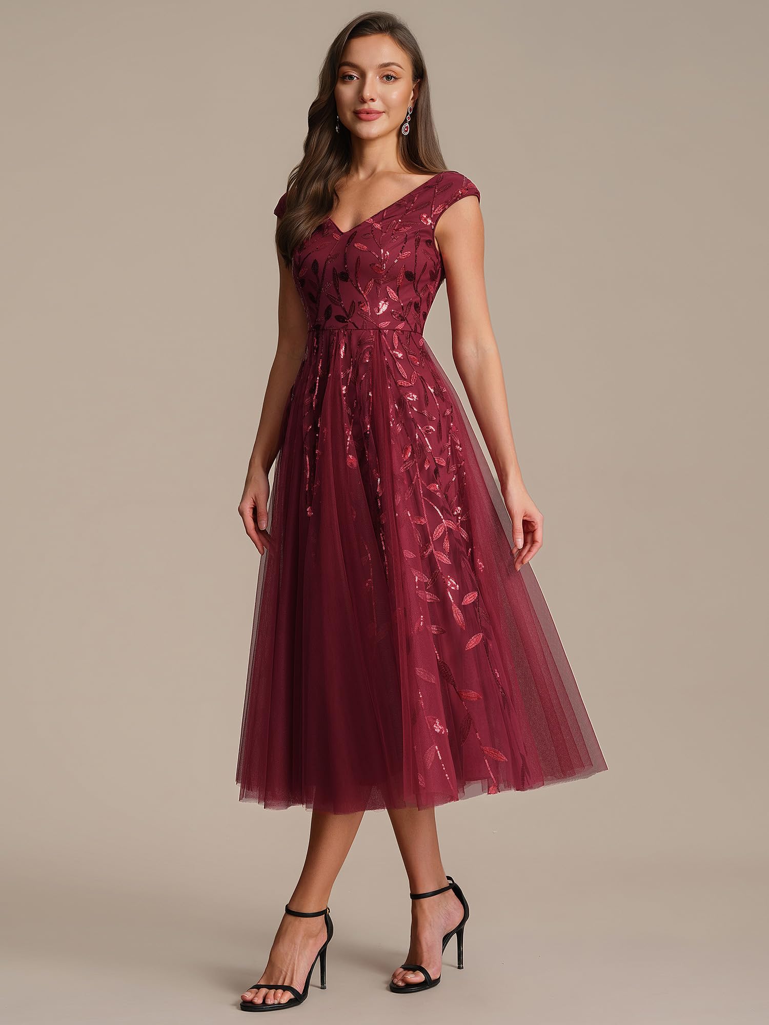 Ever-Pretty Robes d'Invité de Mariage Col en V Manches Courtes Paillette Tulle Midi EG02780