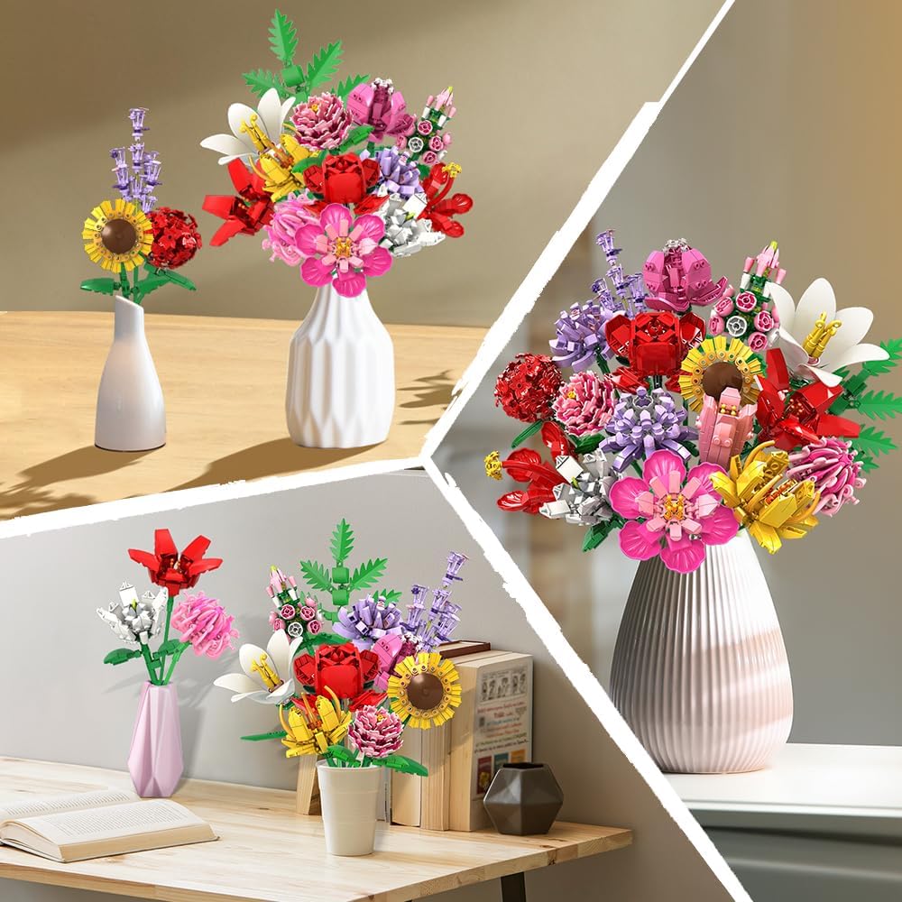 HOGOKIDS Flower Bouquet Set for Adults - Valentine 1461PCS Artificial Flowers Botanical Collection | 18 Sticks Decorative Home Plant Bouquet | Creative DIY Gift for Wife Girlfriend Mom Women Men