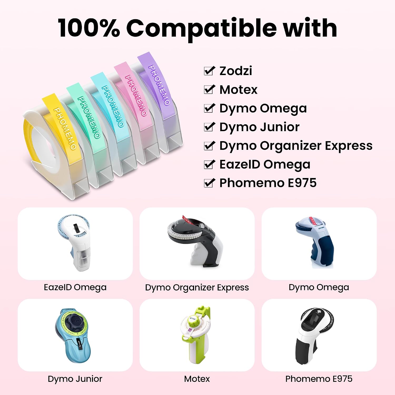 Embossing Label Tapes Replacement for Zodzi E975,EazeID Omega S,Dymo Label Maker Refills,3/8 Inch 3D Plastic Label Maker Tape for Dymo Organizer Xpress Tape 1540 1550 1570 Office Mate II 12965 12966