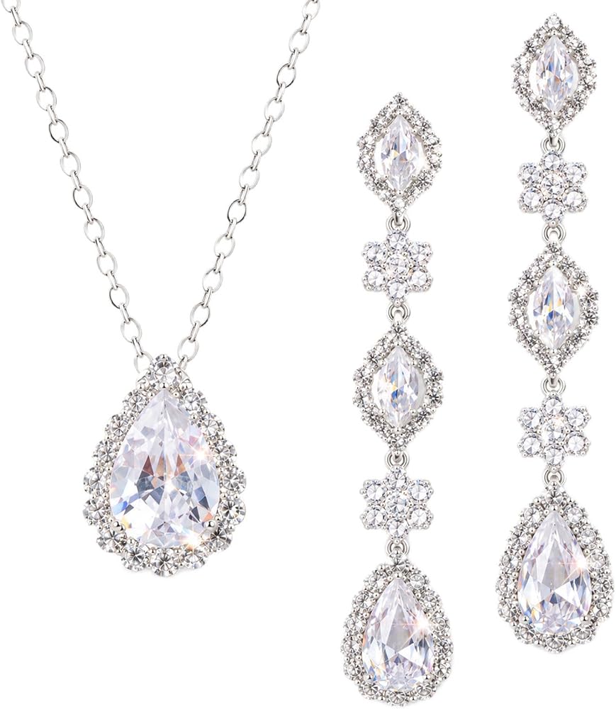 Silver Teardrop Necklace Dangle Earrings for Women Wedding Bridal — 사진 1