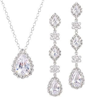 Silver Teardrop Necklace Dangle Earrings for Women Wedding Bridal