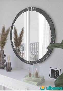 Siyah Mermer Ahşap Dekoratif Yuvarlak Antre Koridor Duvar Banyo Wc Ofis Aynası 42 Cm Siyah