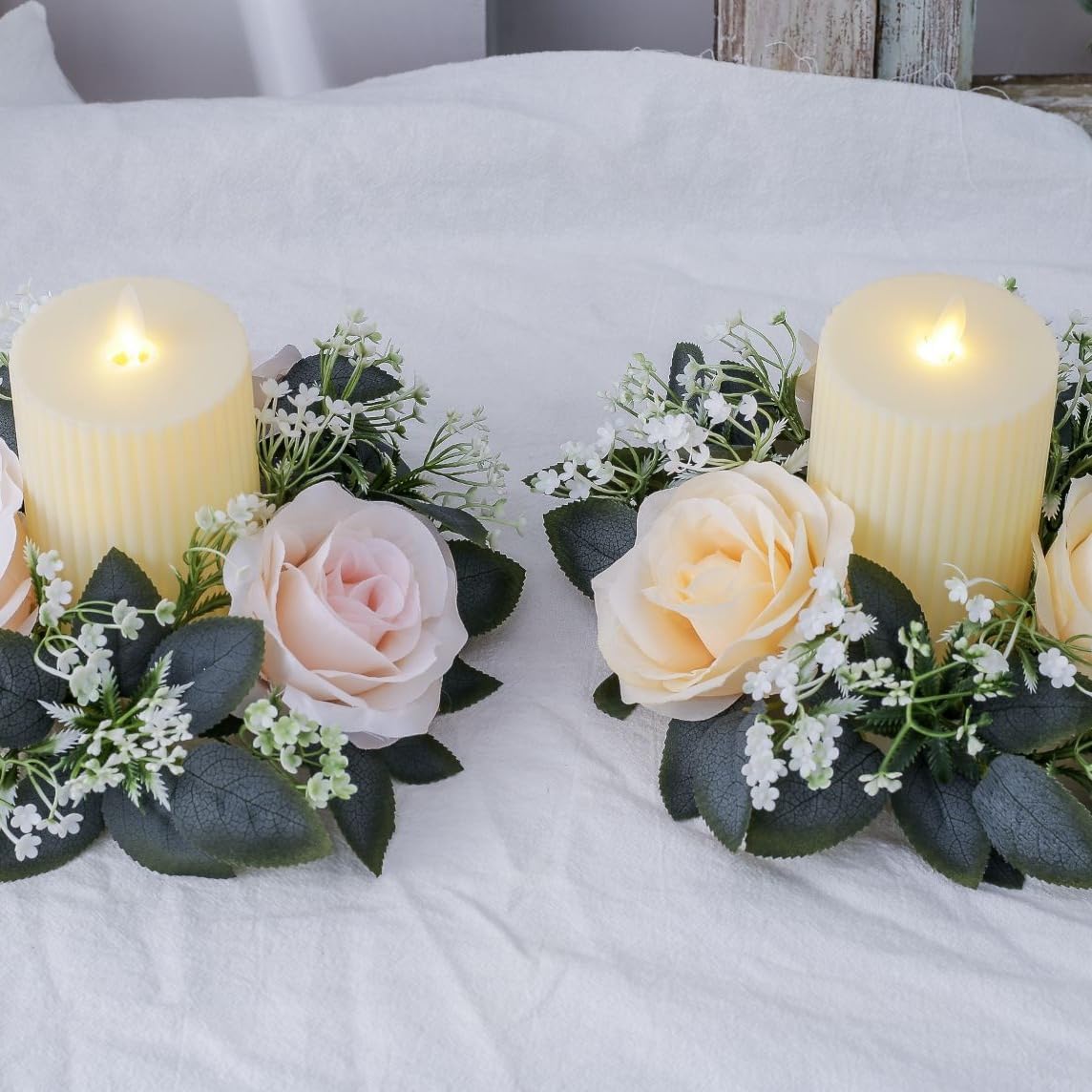 Yunlly Anillos De Vela De Rosas Artificiales, Coronas, Centros De Mesa De  Boda De 3 Pulgadas, Velas LED Sin Llama, Anillos De Eucalipto Para Centros  De Mesa, Fiestas, San Valentín, Decoración, image size:1144x1144