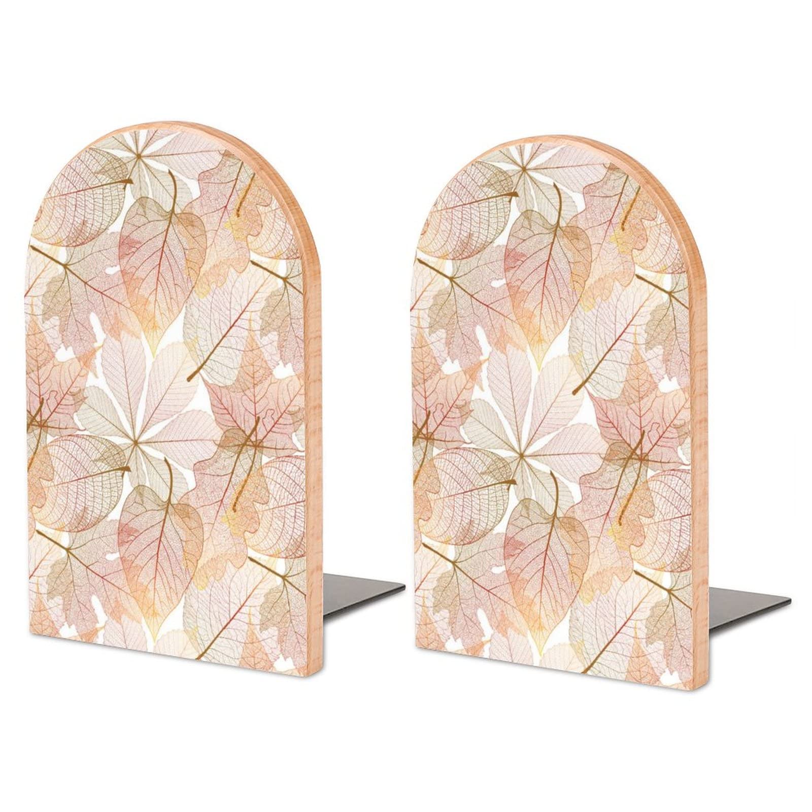Pack Of 2 Bookend Golden Toned Skeleton Leaves Non-Slip Book Stand Wooden Bookshelf Books Holder For Home Desk Office Library