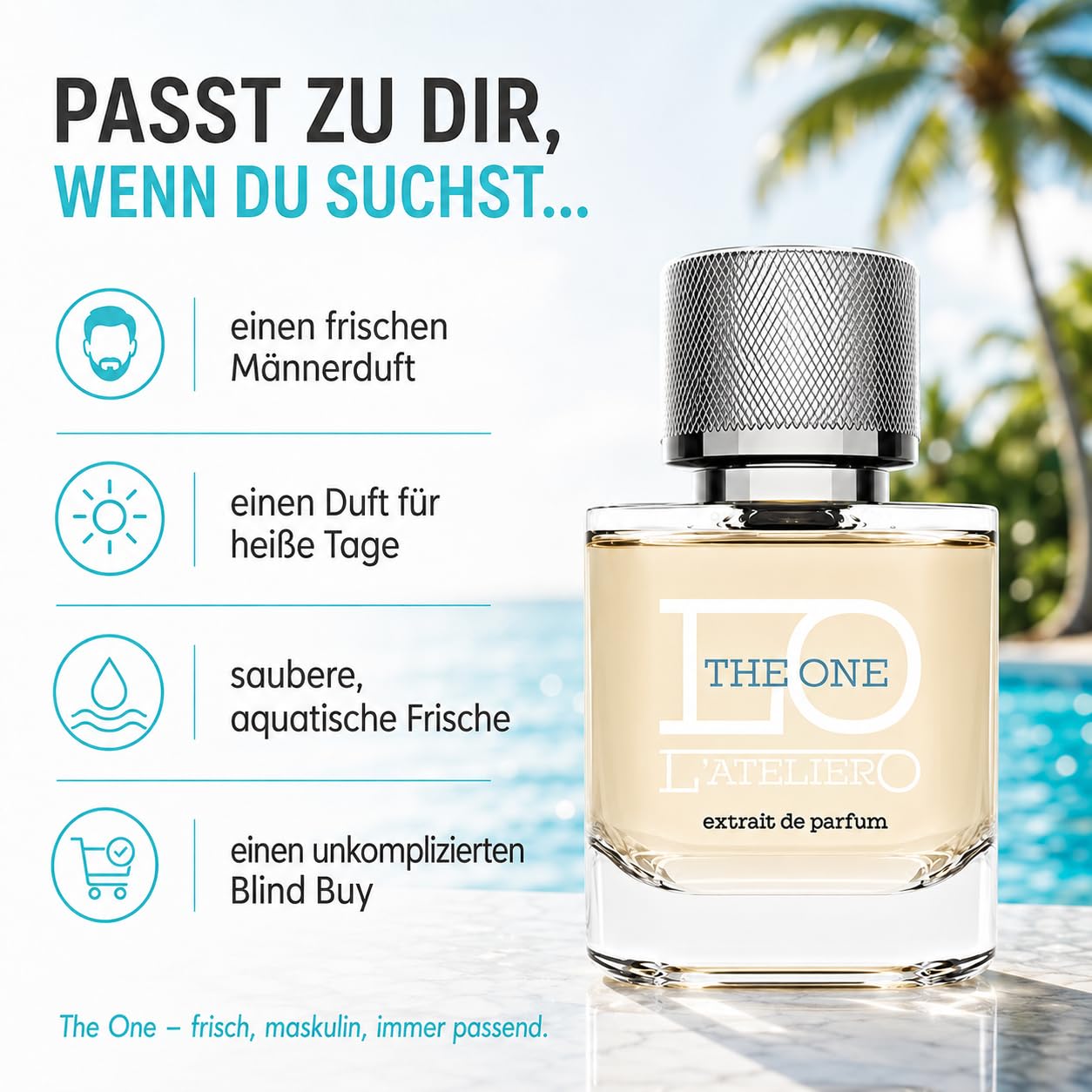 L'ATELIERO - THE ONE - Sommerduft für Herren Extrait de Parfum 50 ml | Frisches Sommerparfum mit 25% Duftöl, aquatisch zitrischer Duft, clean, intensiv und langanhaltend